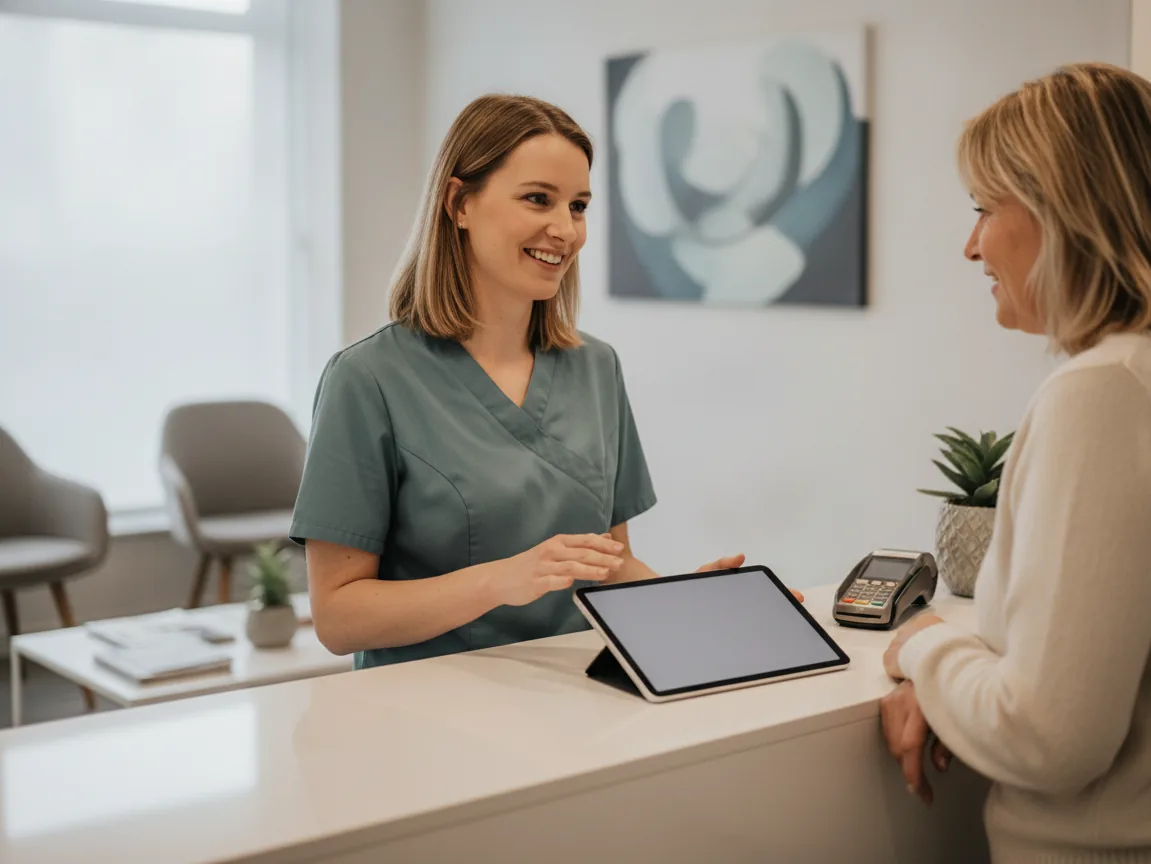 Assistente heet een patiënt welkom aan de balie en laat iets zien op een tablet