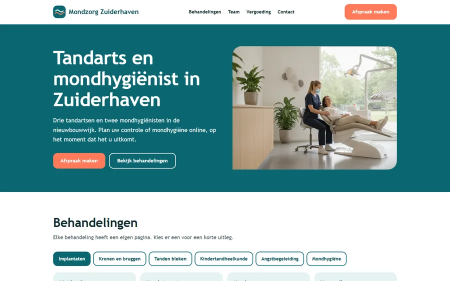 Schermafbeelding van het ontwerpvoorbeeld Mondzorg Zuiderhaven (fictief bedrijf)
