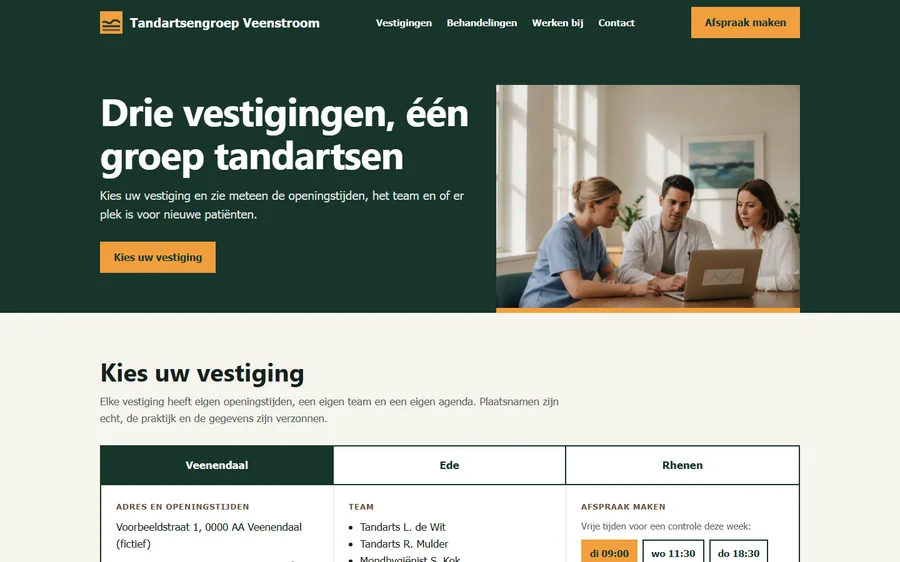 Schermafbeelding van het ontwerpvoorbeeld Tandartsengroep Veenstroom (fictief bedrijf)