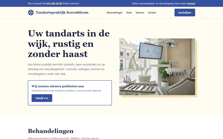 Schermafbeelding van het ontwerpvoorbeeld Tandartspraktijk Korenbloem (fictief bedrijf)